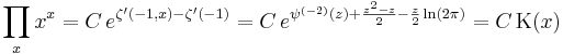 \prod _x x^x= C\, e^{\zeta^\prime(-1,x)-\zeta^\prime(-1)}= C\,e^{\psi^{(-2)}(z)%2B\frac{z^2-z}{2}-\frac z2 \ln (2\pi)}= C\, \operatorname{K}(x)  \,