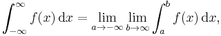 \int_{-\infty}^\infty f(x)\, \mathrm{d}x = \lim_{a\to -\infty} \lim_{b\to \infty} \int_a^bf(x) \, \mathrm{d}x,