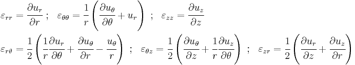 
  \begin{align}
    \varepsilon_{rr} & = \cfrac{\partial u_r}{\partial r} ~;~~
    \varepsilon_{\theta\theta}  = \cfrac{1}{r}\left(\cfrac{\partial u_\theta}{\partial \theta} %2B u_r\right) ~;~~
    \varepsilon_{zz}  = \cfrac{\partial u_z}{\partial z} \\
    \varepsilon_{r\theta} & = \cfrac{1}{2}\left(\cfrac{1}{r}\cfrac{\partial u_r}{\partial \theta} %2B \cfrac{\partial u_\theta}{\partial r}- \cfrac{u_\theta}{r}\right) ~;~~
    \varepsilon_{\theta z}  = \cfrac{1}{2}\left(\cfrac{\partial u_\theta}{\partial z} %2B \cfrac{1}{r}\cfrac{\partial u_z}{\partial \theta}\right) ~;~~
    \varepsilon_{zr} = \cfrac{1}{2}\left(\cfrac{\partial u_r}{\partial z} %2B \cfrac{\partial u_z}{\partial r}\right) 
  \end{align}
 