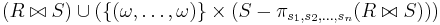 (R \bowtie S) \cup (\{(\omega, \dots, \omega)\} \times (S - \pi_{s_1, s_2, \dots, s_n}(R \bowtie S)))