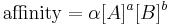 \mbox{affinity} = \alpha[A]^a[B]^b\!