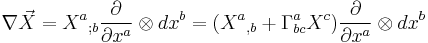 \nabla \vec X = X^a{}_{;b} \frac {\partial} {\partial x^a} \otimes dx^b = (X^a{}_{,b}%2B\Gamma ^a _{bc}X^c) \frac {\partial} {\partial x^a} \otimes dx^b