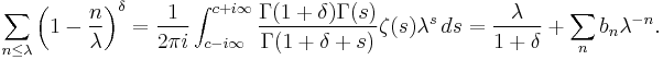  
\sum_{n\le \lambda} \left(1-\frac{n}{\lambda}\right)^\delta
= \frac{1}{2\pi i} \int_{c-i\infty}^{c%2Bi\infty} 
\frac{\Gamma(1%2B\delta)\Gamma(s)}{\Gamma(1%2B\delta%2Bs)} \zeta(s) \lambda^s \, ds
= \frac{\lambda}{1%2B\delta} %2B \sum_n b_n \lambda^{-n}.
