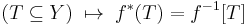 (T \subseteq Y) \; \mapsto \; f^{*}(T)
= f^{-1}\lbrack T \rbrack