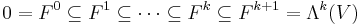 0 = F^0 \subseteq F^1 \subseteq \dotsb \subseteq F^k \subseteq F^{k%2B1} = \Lambda^k(V)