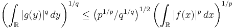 \left(\int_{\mathbb R} |g(y)|^q \,dy\right)^{1/q} \le \left(p^{1/p}/q^{1/q}\right)^{1/2} \left(\int_{\mathbb R} |f(x)|^p \,dx\right)^{1/p}