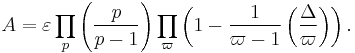 A=\varepsilon\prod_p\left(\frac{p}{p-1}\right)\prod_{\varpi}\left(1-\frac{1}{\varpi-1}\left(\frac{\Delta}{\varpi}\right)\right).