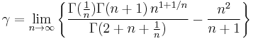  \gamma = \lim_{n \to \infty} \left \{\frac{ \Gamma(\frac{1}{n}) \Gamma(n%2B1)\, n^{1%2B1/n}}{\Gamma(2%2Bn%2B\frac{1}{n})} - \frac{n^2}{n%2B1} \right\} 