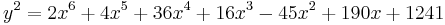 y^2 = 2 x^6 %2B 4 x^5 %2B 36 x^4 %2B 16 x^3 - 45 x^2 %2B 190 x %2B 1241