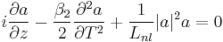 i \frac{\partial a}{\partial z} - \frac{\beta_2}{2} \frac{\partial^2 a}{\partial T^2} %2B \frac{1}{L_{nl}} |a|^2 a = 0