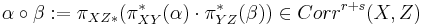 \alpha \circ \beta�:= \pi_{XZ*}(\pi^{*}_{XY}(\alpha) \cdot \pi^{*}_{YZ}(\beta)) \in Corr^{r%2Bs}(X, Z)