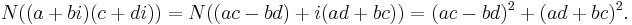 N((a%2Bbi)(c%2Bdi)) = N((ac-bd)%2Bi(ad%2Bbc)) = (ac-bd)^2 %2B (ad%2Bbc)^2. \,