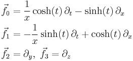 \begin{align}
  \vec{f}_0 &=  \frac{1}{x}\cosh(t) \, \partial_t - \sinh(t) \, \partial_x\\
  \vec{f}_1 &= -\frac{1}{x}\sinh(t) \, \partial_t %2B \cosh(t) \, \partial_x\\
  \vec{f}_2 &= \partial_y, \; \vec{f}_3 = \partial_z
\end{align}