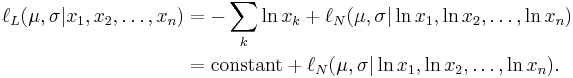 
\begin{align}
\ell_L (\mu,\sigma | x_1, x_2, \dots, x_n)
  & {} = - \sum _k \ln x_k %2B \ell_N (\mu, \sigma | \ln x_1, \ln x_2, \dots, \ln x_n) \\
& {} = \operatorname {constant} %2B \ell_N (\mu, \sigma | \ln x_1, \ln x_2, \dots, \ln x_n).
\end{align}
