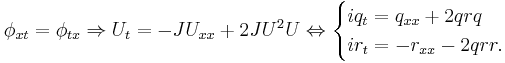  \phi_{xt}=\phi_{tx} \Rightarrow U_t=-JU_{xx}%2B2JU^2U
\Leftrightarrow 
\begin{cases}
iq_t=q_{xx}%2B2qrq \\
ir_t=-r_{xx}-2qrr. 
\end{cases}
\,