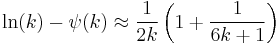 \ln(k) - \psi(k) \approx \frac{1}{2k}\left(1 %2B \frac{1}{6k %2B 1}\right) \,\!
