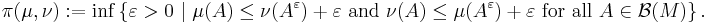 \pi (\mu, \nu)�:= \inf \left\{ \varepsilon > 0 ~|~ \mu(A) \leq \nu (A^{\varepsilon}) %2B \varepsilon \ \text{and} \ \nu (A) \leq \mu (A^{\varepsilon}) %2B \varepsilon \ \text{for all} \ A \in \mathcal{B}(M) \right\}.