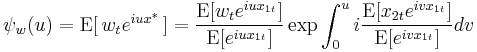 
    \psi_w(u) = \operatorname{E}[\,w_te^{iux^*}\,] 
              = \frac{\operatorname{E}[w_te^{iux_{1t}}]}{\operatorname{E}[e^{iux_{1t}}]}
                \exp \int_0^u i\frac{\operatorname{E}[x_{2t}e^{ivx_{1t}}]}{\operatorname{E}[e^{ivx_{1t}}]}dv
  