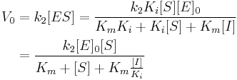 \begin{align}
V_0 & = k_2[ES] = \frac{k_2 K_i [S][E]_0}{K_m K_i %2B K_i[S] %2B K_m[I]} \\
& = \frac{k_2 [E]_0 [S]}{K_m %2B [S] %2B K_m\frac{[I]}{K_i}}
\end{align}
