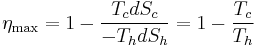 \eta_\text{max} = 1 - \frac{T_cdS_c}{-T_hdS_h} = 1 - \frac{T_c}{T_h}