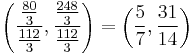 \left(\frac{\frac{80}{3}}{\frac{112}{3}},\frac{\frac{248}{3}}{\frac{112}{3}}\right)=\left(\frac{5}{7},\frac{31}{14}\right)