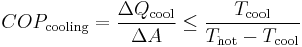 
COP_{\mathrm{cooling}} = \frac{\Delta Q_{\mathrm{cool}}}{\Delta A} \leq \frac{T_{\mathrm{cool}}}{T_{\mathrm{hot}}-T_{\mathrm{cool}}}
