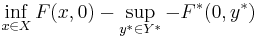 \inf_{x \in X} F(x,0) - \sup_{y^* \in Y^*} -F^*(0,y^*)