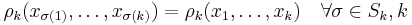 \rho_k(x_{\sigma(1)},\ldots,x_{\sigma(k)}) = \rho_k(x_1,\ldots,x_k)\quad \forall \sigma \in S_k, k