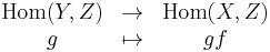 \begin{matrix}\operatorname{Hom}(Y,Z) &\rightarrow& \operatorname{Hom}(X,Z)\\
g &\mapsto& gf\end{matrix}