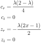 \begin{align}
c_r&=\frac{\lambda(2-\lambda)}{4}\\
c_i&=0\\
z_r&=-\frac{\lambda(2x-1)}{2}\\
z_i&=0
\end{align}