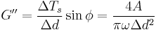  G'' = \frac {\Delta T_s} {\Delta d} \sin \phi = \frac {4A}{\pi \omega \Delta d^2}