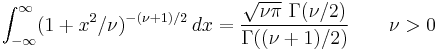 \int_{-\infty}^\infty (1 %2B x^2/\nu)^{-(\nu %2B 1)/2}\,dx = \frac { \sqrt{\nu \pi} \ \Gamma(\nu/2)} {\Gamma((\nu %2B 1)/2)}\qquad \nu > 0\,