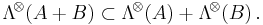 \mathrm{\Lambda}^{\!\otimes}\! \left( A%2BB \right)\subset \mathrm{\Lambda}^{\!\otimes}\! \left( A \right) %2B \mathrm{\Lambda}^{\!\otimes}\! \left( B \right).