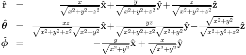 \begin{matrix}
    \mathbf{\hat r}         &=&  \frac{ x }{\sqrt{x^2%2By^2%2Bz^2}}\mathbf{\hat x}\!%2B\!\frac{ y }{\sqrt{x^2%2By^2%2Bz^2}}\mathbf{\hat y}\!%2B\!\frac{z}{\sqrt{x^2%2By^2%2Bz^2}}\mathbf{\hat z}\\

    \boldsymbol{\hat\theta} &=&  \frac{ xz }{\sqrt{x^2%2By^2%2Bz^2}\sqrt{x^2%2By^2}}\mathbf{\hat x}\!%2B\!\frac{ yz }{\sqrt{x^2%2By^2%2Bz^2}\sqrt{x^2%2By^2}}\mathbf{\hat y}\!-\!\frac{\sqrt{x^2%2By^2}}{\sqrt{x^2%2By^2%2Bz^2}}\mathbf{\hat z} \\

    \boldsymbol{\hat\phi}   &=& -\frac{y}{\sqrt{x^2%2By^2}}\mathbf{\hat x}%2B\frac{x}{\sqrt{x^2%2By^2}}\mathbf{\hat y}
    \end{matrix}