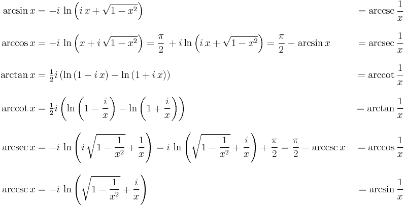 
\begin{align}
\arcsin x &{}= -i\,\ln\left(i\,x%2B\sqrt{1-x^2}\right) &{}= \arccsc \frac{1}{x}\\[10pt]
\arccos x &{}= -i\,\ln\left(x%2Bi\,\sqrt{1-x^2}\right) = \frac{\pi}{2}\,%2Bi\ln\left(i\,x%2B\sqrt{1-x^2}\right) = \frac{\pi}{2}-\arcsin x &{}= \arcsec \frac{1}{x}\\[10pt]
\arctan x &{}= \tfrac{1}{2}i\left(\ln\left(1-i\,x\right)-\ln\left(1%2Bi\,x\right)\right) &{}= \arccot \frac{1}{x}\\[10pt]
\arccot x &{}= \tfrac{1}{2}i\left(\ln\left(1-\frac{i}{x}\right)-\ln\left(1%2B\frac{i}{x}\right)\right) &{}= \arctan \frac{1}{x}\\[10pt]
\arcsec x &{}= -i\,\ln\left(i\,\sqrt{1-\frac{1}{x^2}}%2B\frac{1}{x}\right) = i\,\ln\left(\sqrt{1-\frac{1}{x^2}}%2B\frac{i}{x}\right)%2B\frac{\pi}{2} = \frac{\pi}{2}-\arccsc x &{}= \arccos \frac{1}{x}\\[10pt]
\arccsc x &{}= -i\,\ln\left(\sqrt{1-\frac{1}{x^2}}%2B\frac{i}{x}\right) &{}= \arcsin \frac{1}{x}
\end{align}