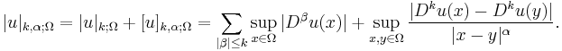 |u|_{k,\alpha;\Omega} = |u|_{k;\Omega} %2B [u]_{k,\alpha;\Omega} = \sum_{|\beta| \leq k} \sup_{x\in \Omega} |D^\beta u(x)| %2B  \sup_{x,y\in \Omega} \frac{|D^k u(x) - D^k u(y)|}{|x-y|^\alpha}.