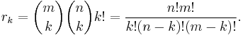 r_k = \binom{m}{k}\binom{n}{k} k! = \frac{n! m!}{k! (n-k)! (m-k)!}.