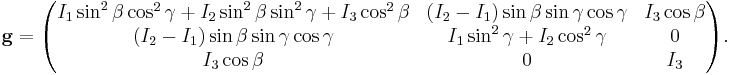 
\mathbf{g}=
\begin{pmatrix}
I_1 \sin^2\beta \cos^2\gamma%2BI_2\sin^2\beta\sin^2\gamma%2BI_3\cos^2\beta &
(I_2-I_1) \sin\beta\sin\gamma\cos\gamma &
I_3\cos\beta \\
(I_2-I_1) \sin\beta\sin\gamma\cos\gamma &
I_1\sin^2\gamma%2BI_2\cos^2\gamma & 0 \\
I_3\cos\beta & 0 & I_3 \\
\end{pmatrix}.
