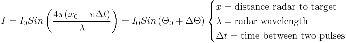 I = I_0 Sin \left(\frac{4\pi (x_0 %2B v \Delta t)}{\lambda}\right) = I_0 Sin \left(\Theta_0 %2B \Delta\Theta\right)\begin{cases} x = \mathrm{distance\ radar\ to\ target} \\ \lambda = \mathrm{radar\ wavelength}  \\ \Delta t = \mathrm{time\ between\ two\ pulses} \end{cases} 