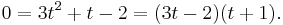 
0 = 3t^2 %2B t - 2 = (3t -2)(t%2B1).
