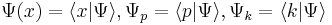 \Psi(x)=\langle x | \Psi \rangle, \Psi_p=\langle p | \Psi \rangle, \Psi_k=\langle k | \Psi \rangle