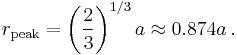 r_{\text{peak}} = \left(\frac{2}{3}\right)^{1/3} a \approx 0.874 a\,.