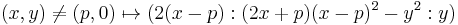 
(x,y)\neq (p,0) \mapsto (2(x-p)�: (2x%2Bp)(x-p)^2- y^2: y)
