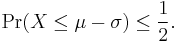 \Pr(X \leq \mu - \sigma) \leq\frac{1}{2}.