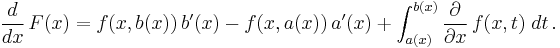 
\frac{d}{dx}\,F(x)
= f(x,b(x))\,b'(x) - f(x,a(x))\,a'(x) %2B \int_{a(x)}^{b(x)} \frac{\partial}{\partial x}\, f(x,t)\; dt\,.
