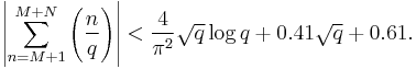  \left| \sum_{n=M%2B1}^{M%2BN} \left( \frac{n}{q} \right) \right| < \frac{4}{\pi^2} \sqrt q \log q%2B0.41\sqrt q %2B0.61.