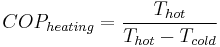  COP_{heating}=\frac{T_{hot}}{T_{hot}-T_{cold}} 
