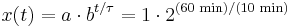 x(t)=a\cdot b^{t/\tau}=1\cdot 2^{(60\text{ min})/(10\text{ min})}