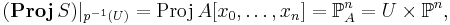 (\operatorname{\mathbf{Proj}}\, S)|_{p^{-1}(U)} = \operatorname{Proj}\, A[x_0, \dots, x_n] = \mathbb{P}^n_A = U \times \mathbb{P}^n,