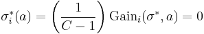 
\sigma^*_i(a) = \left(\frac{1}{C-1}\right)\text{Gain}_i(\sigma^*, a) = 0
